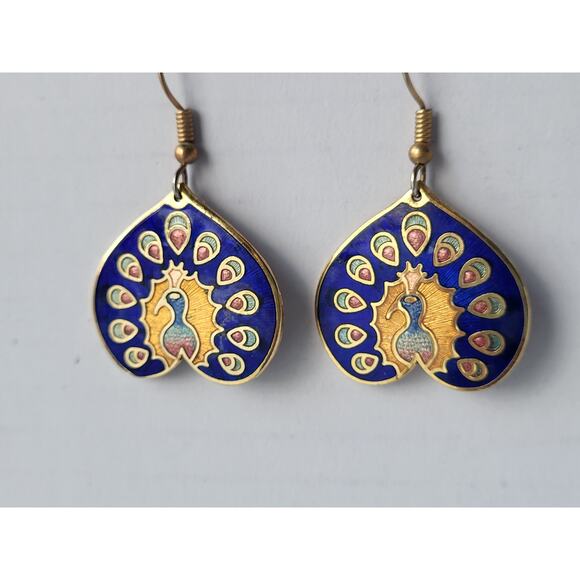 Cloisonne Peacock Earrings Deep Blue Enamel Pierced Beautiful! - Picture 2 of 5
